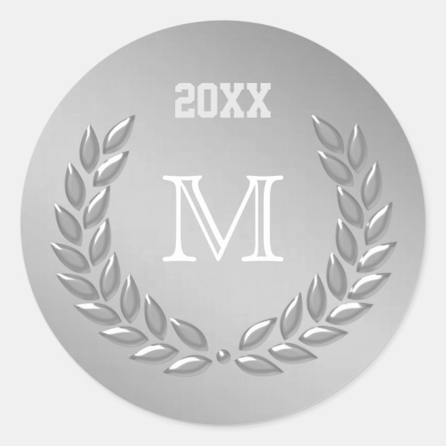  Custom Monogram  Silver Grey Laurel Wreath Classic Round Sticker (Front)