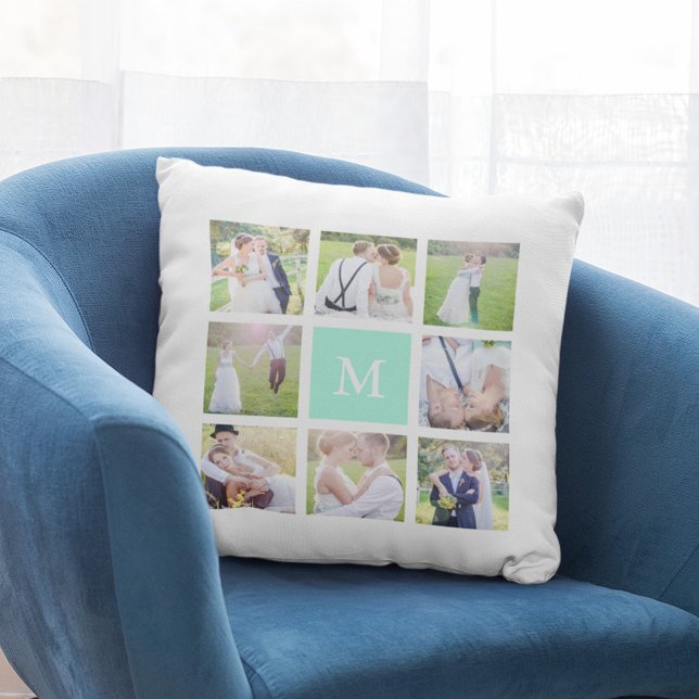 Custom Monogram Simple White Square Photo Collage Cushion (Creator Uploaded)