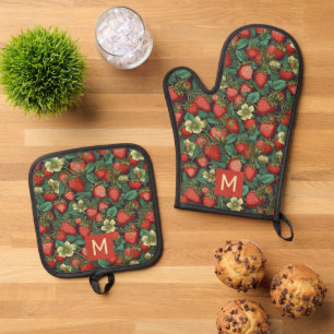 Custom Monogram Strawberries Pattern Oven Mitt & Pot Holder Set
