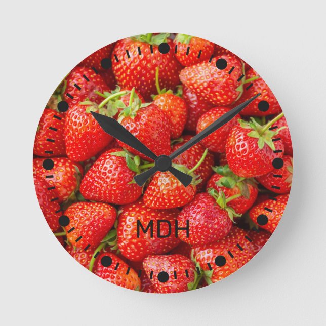 Custom Monogram Strawberries Round Clock (Front)