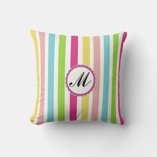Custom Monogram Striped colourful Throw Pillow pin (Front)