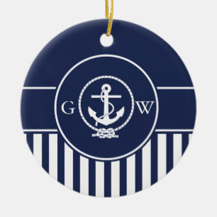 Custom Monogram Striped Nautical Anchor and Line Ceramic Tree Decoration
