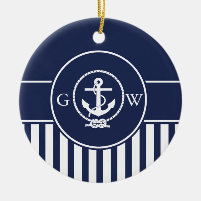 Custom Monogram Striped Nautical Anchor and Line Ceramic Tree Decoration (Front)
