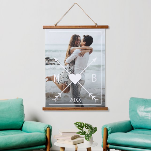 Custom Monogram Stylish Love Heart Arrows 2024 Hanging Tapestry (Living Room)