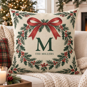 Custom Monogram Surname Holly Wreath Red Bow Cushion