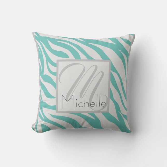 Custom Monogram Teal Aqua Blue Zebra Stripes Cushion (Front)