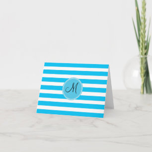 Custom Monogram Teal Blue and White Striped Note Card