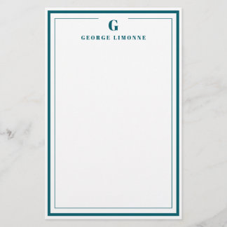 Custom Monogram Teal Blue Border Stationery 