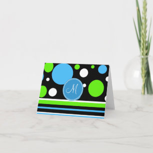 Custom Monogram Teal Green Stripes Polka Dots Note Card