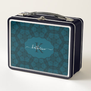 Custom Monogram Teal Navy Blue Metal Lunch Box