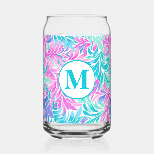 Custom Monogram Teal Pink Floral Can Glass
