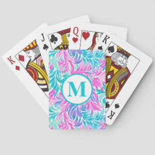 Custom Monogram Teal Pink Floral Playing Cards