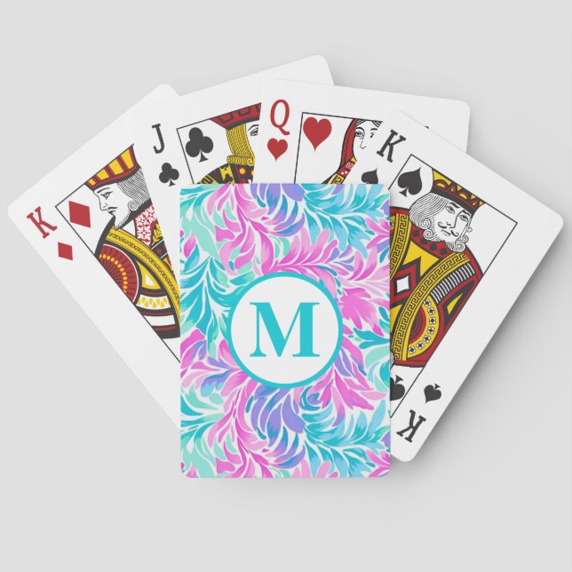 Custom Monogram Teal Pink Floral  Playing Cards (Back)
