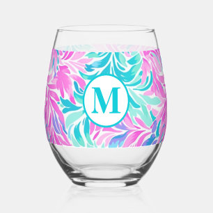 Custom Monogram Teal Pink Floral Stemless Wine Glass