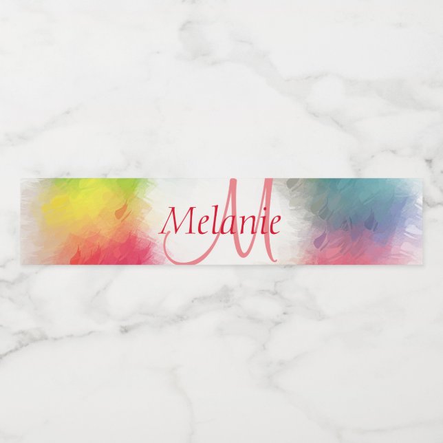 Custom Monogram Template Colourful Modern Rainbow Water Bottle Label (Single Label)