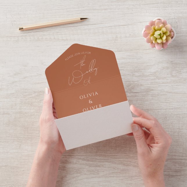 Custom monogram terracotta calligraphy wedding all in one invitation (Video)