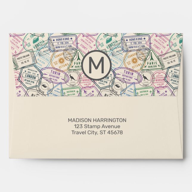 Custom Monogram & Text Travel Stamps Pattern Envelope (Back (Top Flap))