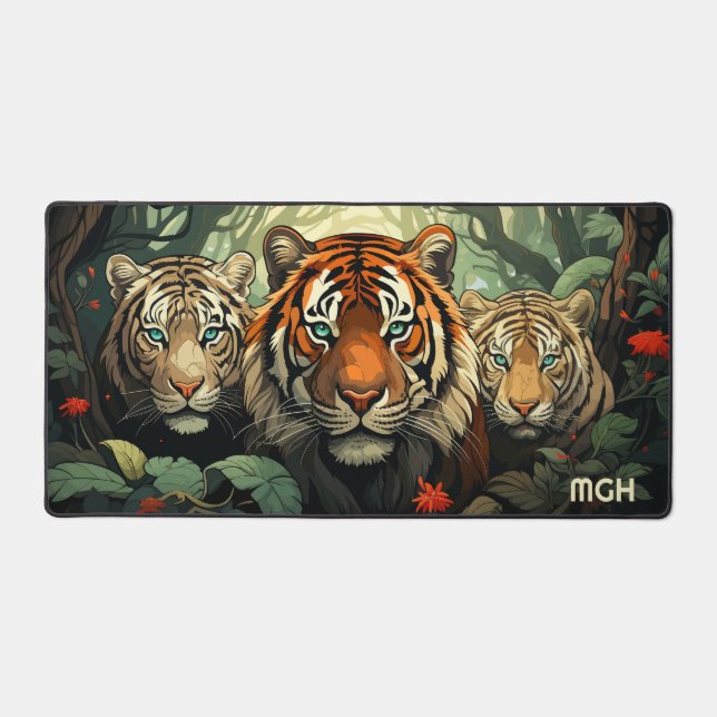 Custom Monogram Tigers Illustration Desk Mat (Front)