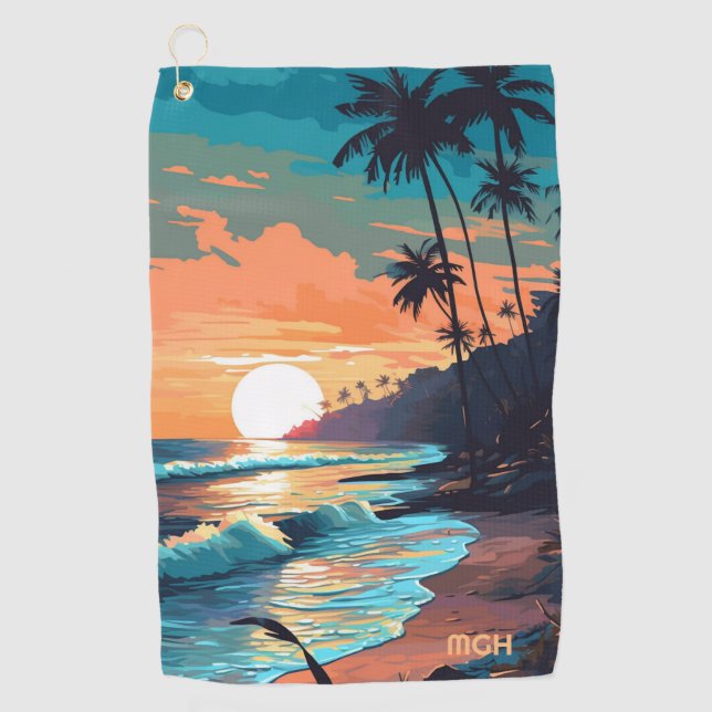Custom Monogram Tropical Beach Sunset Golf Towel (Front)