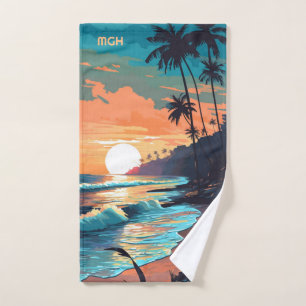 Custom Monogram Tropical Beach Sunset Hand Towel