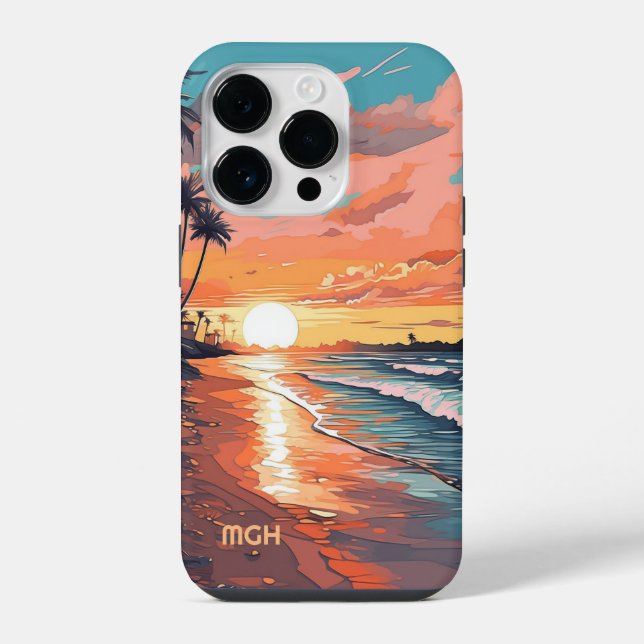 Custom Monogram Tropical Beach Sunset iPhone Case (Back)