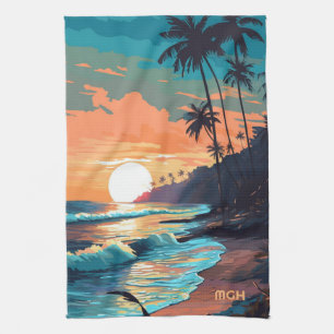 Custom Monogram Tropical Beach Sunset Tea Towel