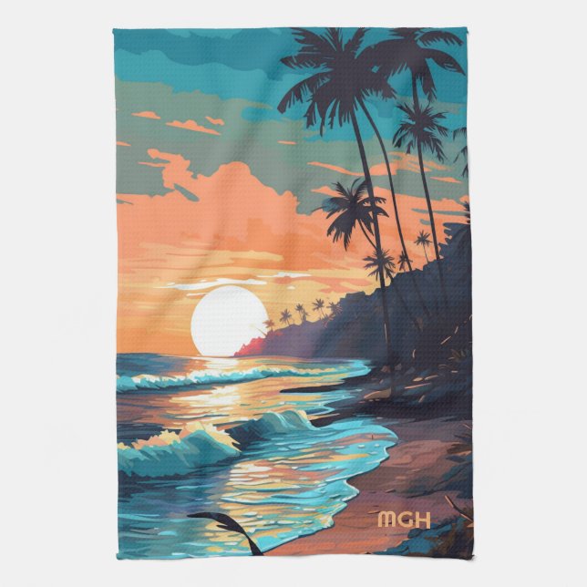 Custom Monogram Tropical Beach Sunset Tea Towel (Vertical)