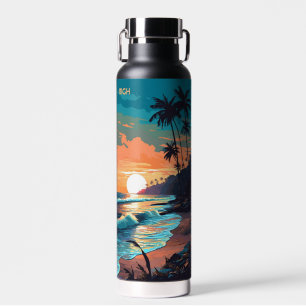 Custom Monogram Tropical Beach Sunset Water Bottle