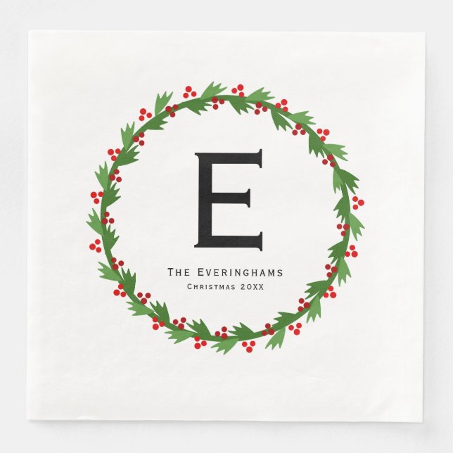 Custom Monogram - Vintage Chrismas wreath Napkin (Front)