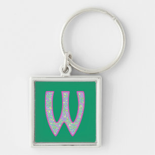 Custom Monogram W Keychain, Ditsy Floral Pattern Key Ring