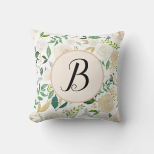 Custom Monogram Watercolor Green Ivy Floral Bloom Cushion