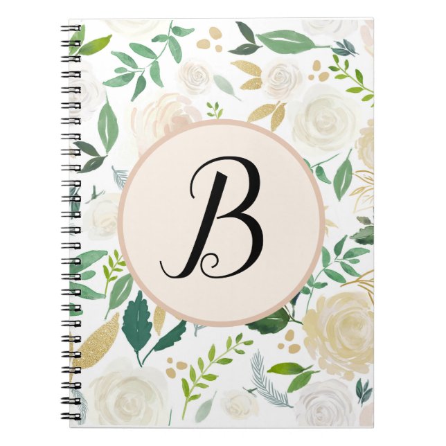 Custom Monogram Watercolor Green Ivy Floral Bloom Notebook (Front)