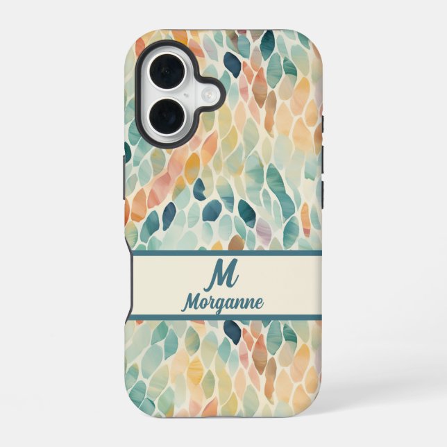 Custom Monogram Watercolor Leaf Pattern iPhone 16 Case (Back)