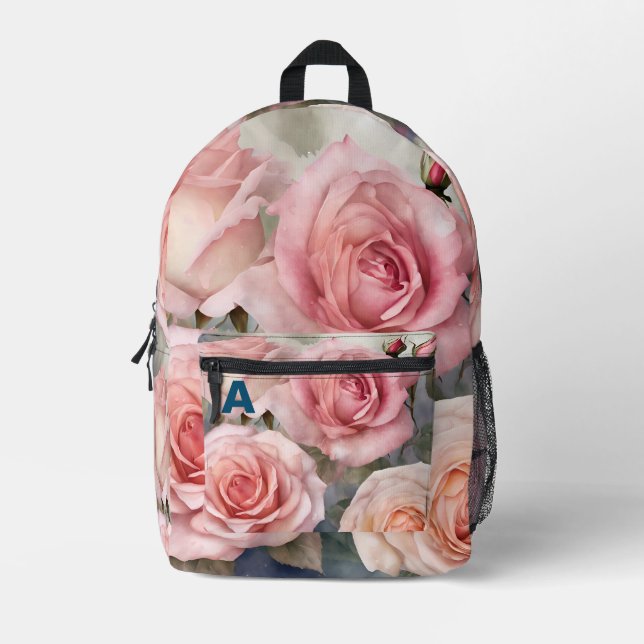 Custom Monogram Watercolor Roses Backpack (Front)