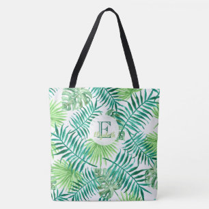 Custom monogram, watercolor tropical palm leaves, tote bag