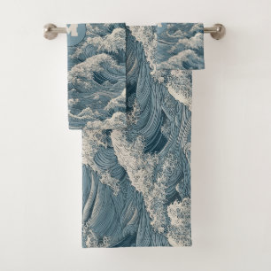 Custom Monogram Waves Pattern Bath Towel Set