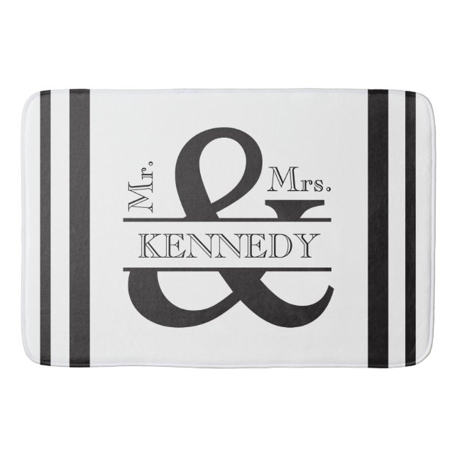 Custom Monogram Wedding Black and White Bath Mat (Front)