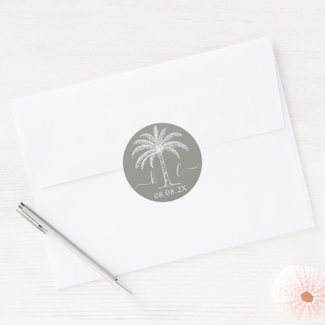 Custom Monogram Wedding Logo Palm Tree Classic Round Sticker (Envelope)
