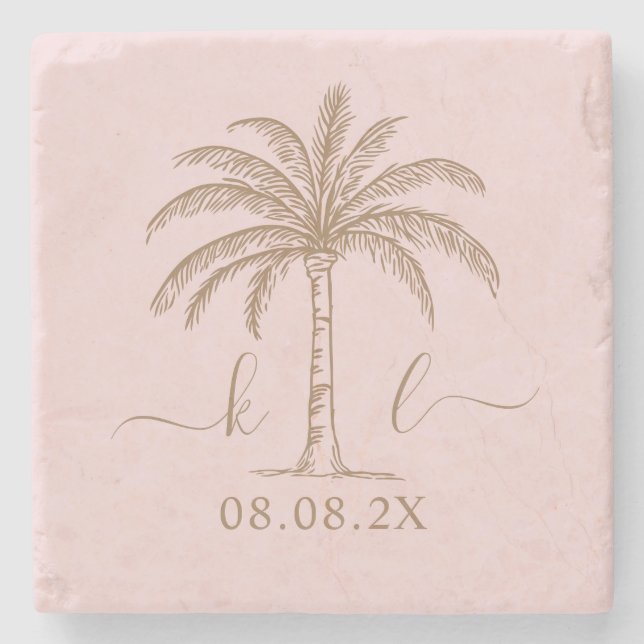 Custom Monogram Wedding Logo Palm Tree Stone Coaster (Front)