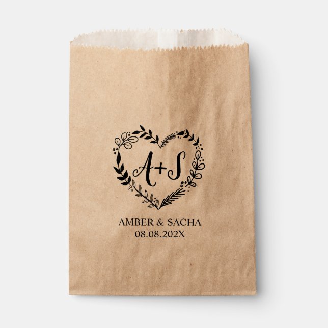 Custom Monogram Wedding Logo With Heart Wreath Favour Bags (Front)