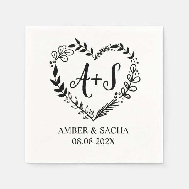 Custom Monogram Wedding Logo With Heart Wreath Napkin (Front)