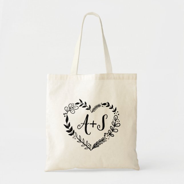 Custom Monogram Wedding Logo With Heart Wreath Tote Bag (Front)