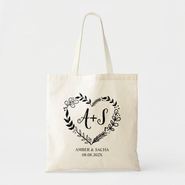 Custom Monogram Wedding Logo With Heart Wreath Tote Bag (Front)