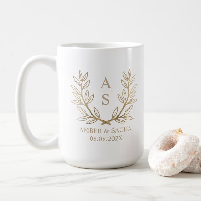 Custom Monogram Wedding Logo With Wreath Coffee Mug (With Donut)