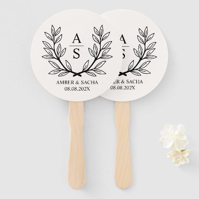 Custom Monogram Wedding Logo With Wreath Hand Fan (Front and Back)