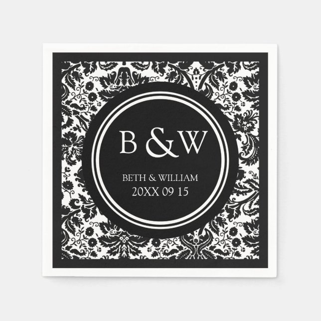 Custom Monogram Wedding Napkin Black White Damask (Front)