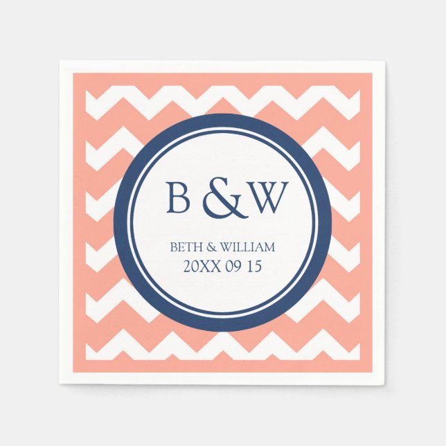 Custom Monogram Wedding Napkin Coral Blue Chevron (Front)