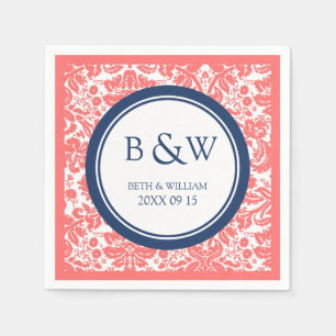 Custom Monogram Wedding Napkin Coral Blue Damask