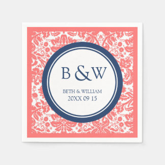 Custom Monogram Wedding Napkin Coral Blue Damask