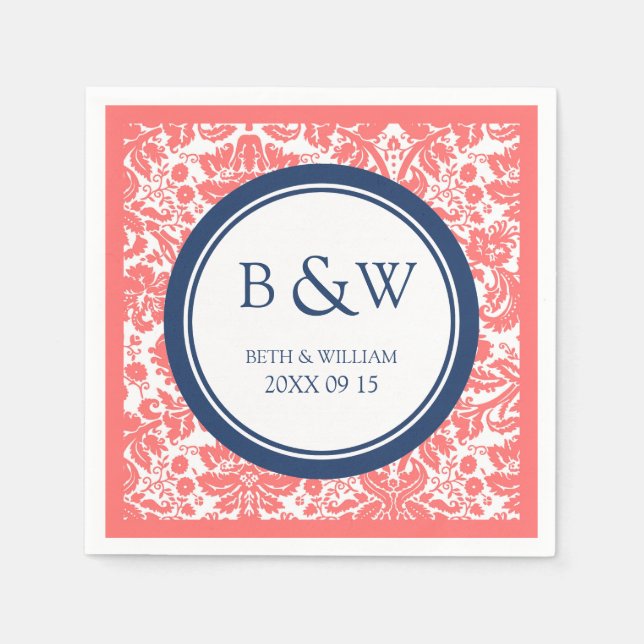 Custom Monogram Wedding Napkin Coral Blue Damask (Front)